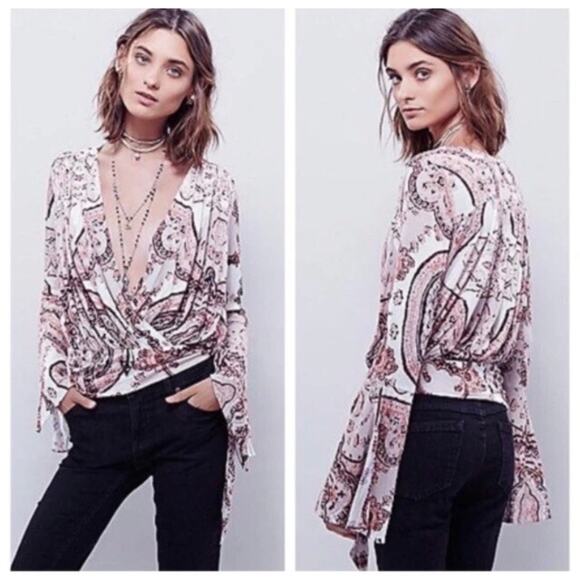 Free People Fiona Bell Sleeve Surplice Paisley Long Sleeve Top Blouse Small - Picture 1 of 6
